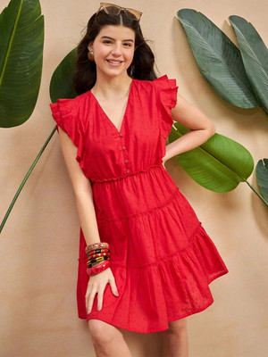 ZUMMER Women Fit and Flare Red Above Knee/Mid Thigh Length Dress