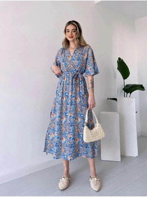 MANOJAVA Women Fit and Flare Blue Midi/Calf Length Dress
