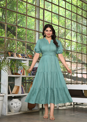Kanha Women A-line Green Midi/Calf Length Dress