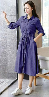 Tripursundari Fashion Women A-line Blue Below Knee Dress