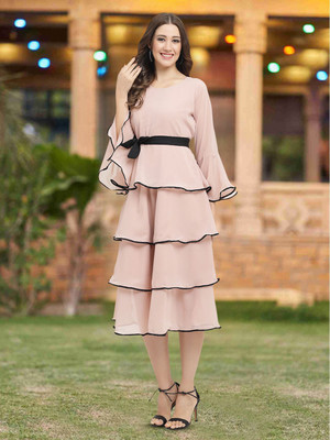 Moda Rapido Women Fit and Flare Pink Midi/Calf Length Dress