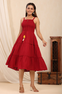 NG CREATION Women Fit and Flare Red Midi/Calf Length Dress
