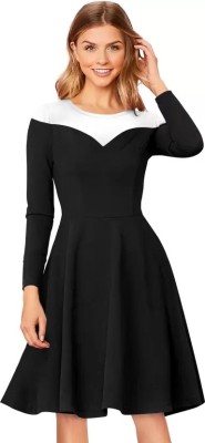 rudraCreation Women Fit and Flare Black, White Dress