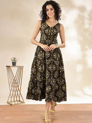 ANOUK Women Fit and Flare Black Maxi/Full Length Dress