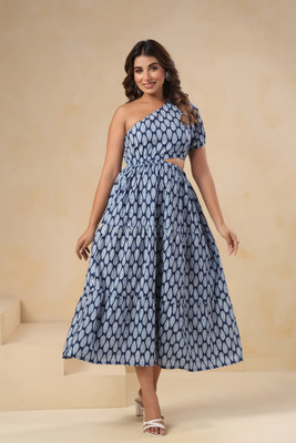 Kirosham Women Fit and Flare Blue Below Knee Dress