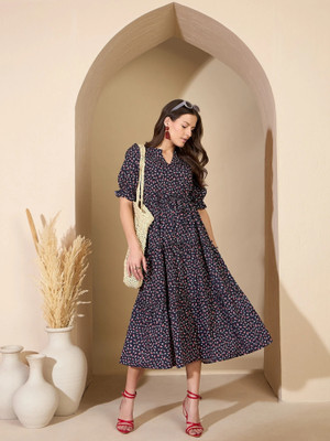 ZUMMER Women Fit and Flare Blue Midi/Calf Length Dress