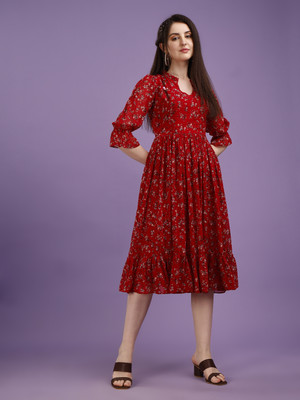 Herway Women Fit and Flare Red Midi/Calf Length Dress