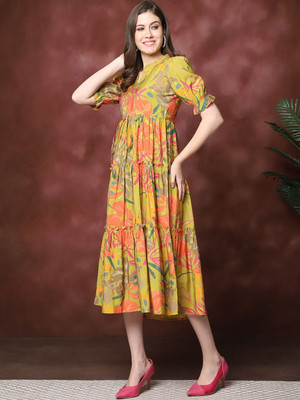Onesree Women Fit and Flare Yellow Midi/Calf Length Dress