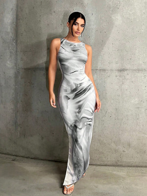 Caozynest Women Bodycon Grey, White Ankle Length Dress