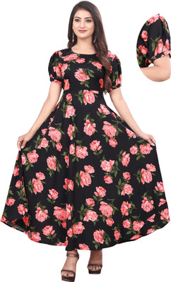 QUEUEE CREATION Women Fit and Flare Black Maxi/Full Length Dress
