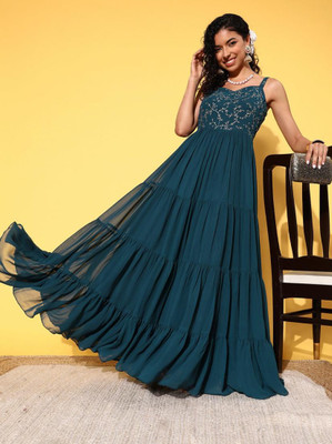 Fashtown Women Embroidered Anarkali Kurta(Dark Blue)