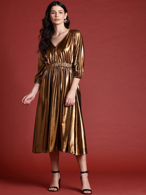 all about you Women Fit and Flare Yellow Midi/Calf Length Dress