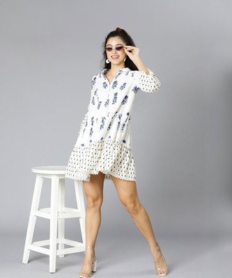 OXOLLOXO Women Fit and Flare White Above Knee/Mid Thigh Length Dress