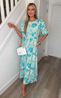 Fashion Street London Women Maxi Blue, White Full Length Dress