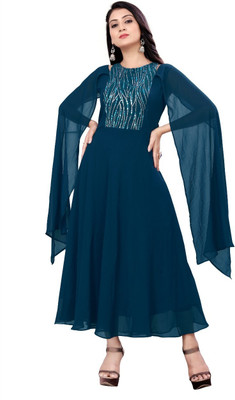 WAZIX Clothing Women Fit and Flare Blue Maxi/Full Length Dress