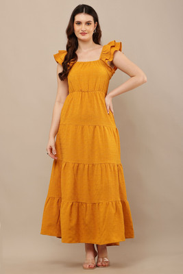 CLOTHINK India Women Maxi Yellow Full Length Dress