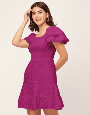 moomaya Women Tiered Purple Above Knee/Mid Thigh Length Dress