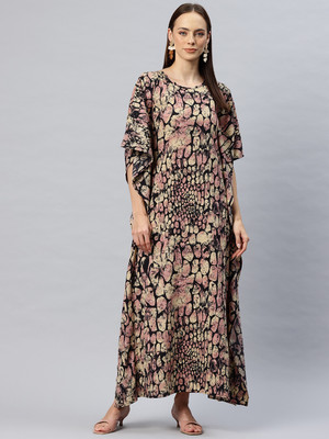 Cottinfab Women Kaftan Beige, Black Maxi/Full Length Dress