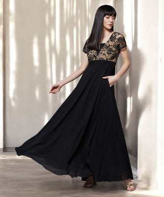 Miss Chase Women Fit and Flare Black Maxi/Full Length Dress