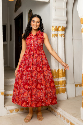gayraa Women Gathered Red Midi/Calf Length Dress