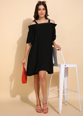 FashFun Women Fit and Flare Black Above Knee/Mid Thigh Length Dress