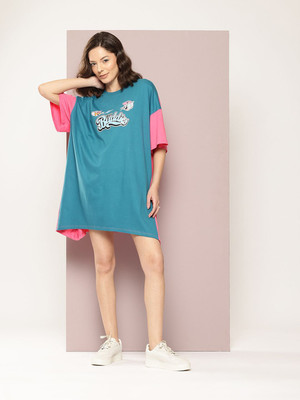 Kook N Keech Women T Shirt Blue Above Knee/Mid Thigh Length Dress