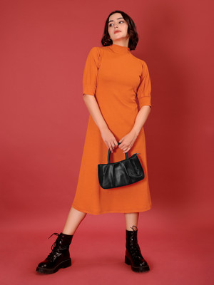 MILOST Women A-line Orange Below Knee Dress