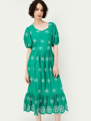 max Women A-line Green, White Dress