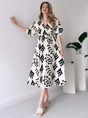 Fashion2wear Women Fit and Flare Black, White Midi/Calf Length Dress