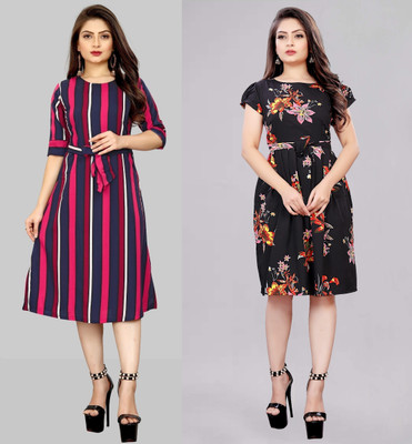 tanvi creation Women Fit and Flare Multicolor Knee Length Dress