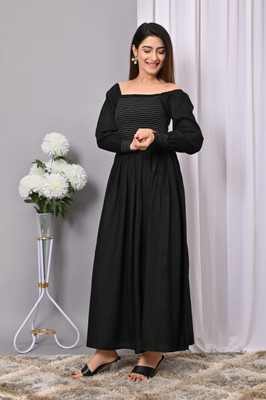 IQRAAR Women Fit and Flare Black Maxi/Full Length Dress
