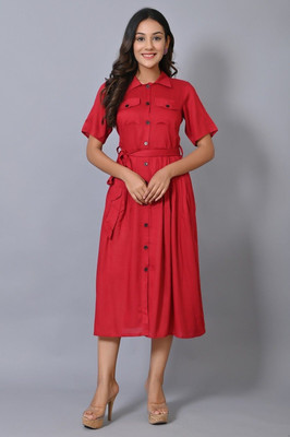 IQRAAR Women A-line Maroon Midi/Calf Length Dress