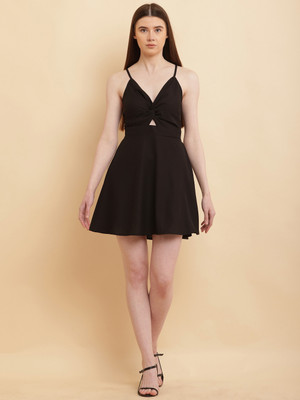 Puella Women Fit and Flare Black Above Knee/Mid Thigh Length Dress