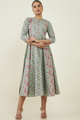soch Women Fit and Flare Green Midi/Calf Length Dress
