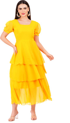 color world Women Layered Yellow Maxi/Full Length Dress