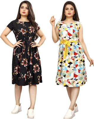 FashhionWorld Women Fit and Flare Multicolor Knee Length Dress