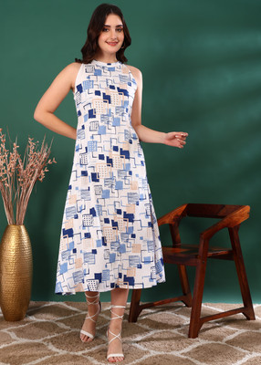 Yash Gallery Women A-line Blue Midi/Calf Length Dress