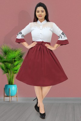 Aksha Fashion Women A-line Maroon, White Dress