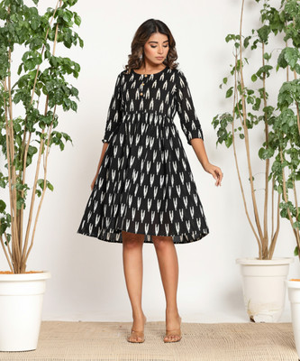Jaipuri Bunaai Women Fit and Flare Black Knee Length Dress