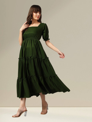 Jash Creation Women Fit and Flare Light Green Midi/Calf Length Dress