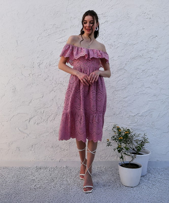 ATHENA Women Fit and Flare Pink Midi/Calf Length Dress