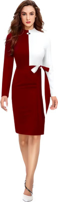 HEMANG FASHION Women Bodycon Maroon, White Knee Length Dress