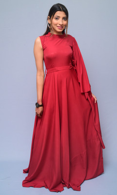 diyaz Women Fit and Flare Maroon Maxi/Full Length Dress