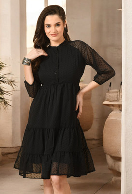 HouseOfCommon Women Fit and Flare Black Knee Length Dress