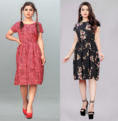 tanvi creation Women Fit and Flare Black, Red Knee Length Dress