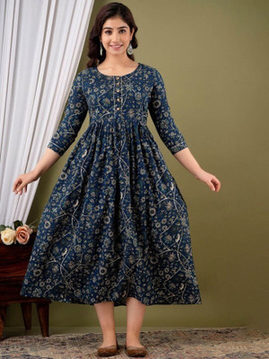 pakiza gold print Women Printed Gown Kurta(Blue)