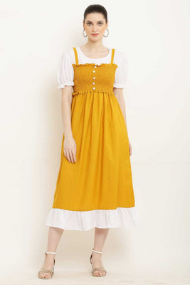 BabeCollection Women Fit and Flare Yellow, White Midi/Calf Length Dress