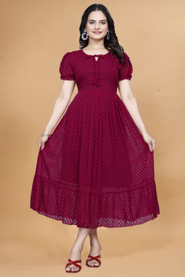 Qena Women Fit and Flare Maroon Midi/Calf Length Dress
