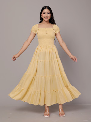 Fly Finishing Women Fit and Flare Beige Maxi/Full Length Dress