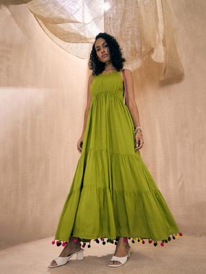 Pink Paprika By SASSAFRAS Women Fit and Flare Green Maxi/Full Length Dress